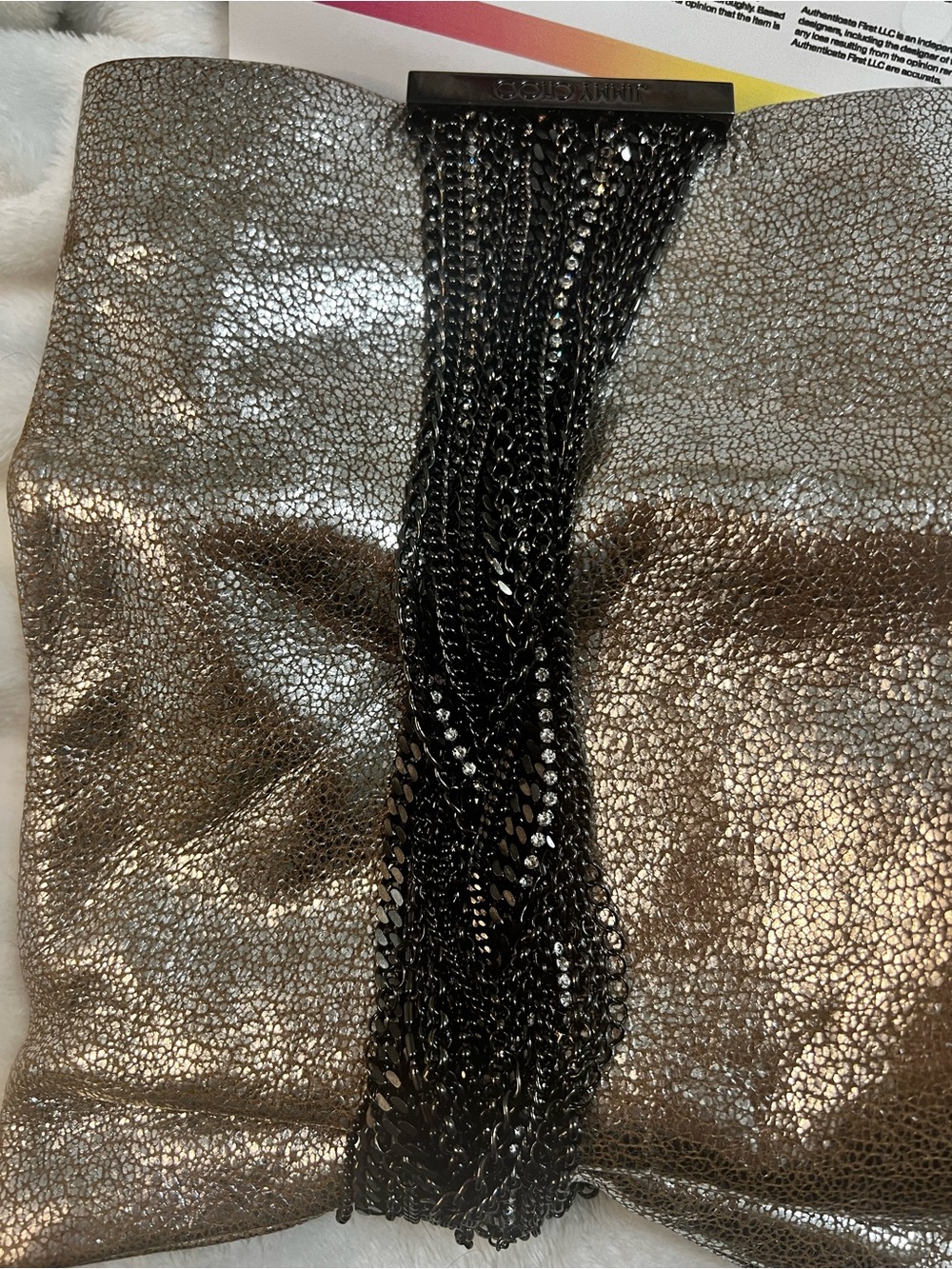 Jimmy Choo Chain-Link Suede Chandra Clutch Gray And Black Chain Authentic COA - Picture 11 of 15